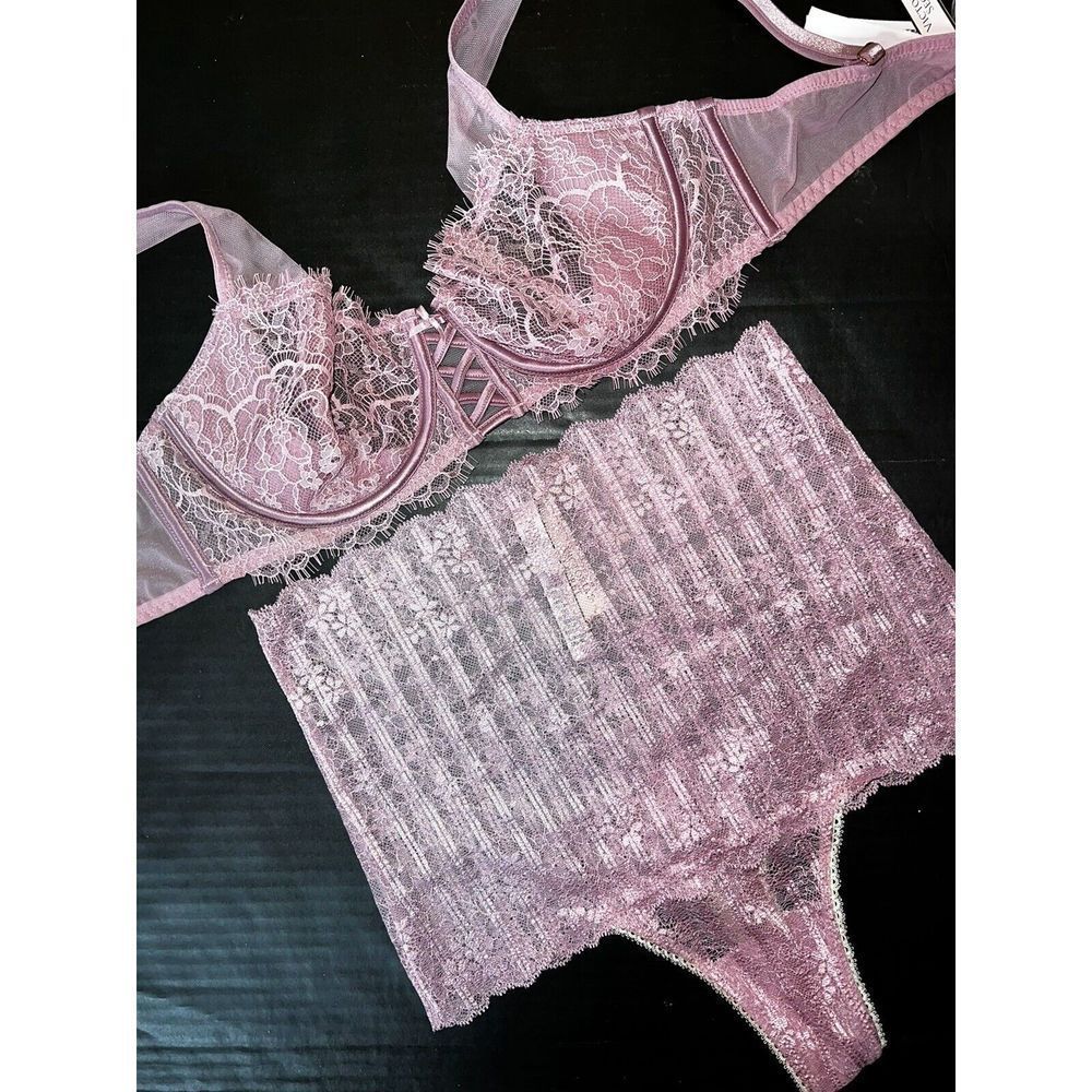 Victoria's Secret unlined 34C BRA SET S high-waist thong rose PINK lace
